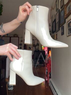 Marc Fisher Cream Patent Pointed-Toe Block Heel Ankle Boots